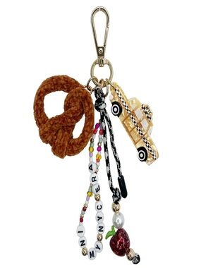 New York , Beaded Taxi & Charm Keychain with Brown Knit Loop - New
